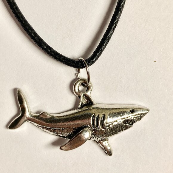 Silver Shark Necklace Black Cord 22" Plated Sea Life Surfer Style Mens Womens - Picture 2 of 6